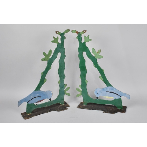 115 - A Pair of Painted Fret Cut Metal Wall Mounting Hangers Modelled as Branches with Blue Birds, 42x30cm... 