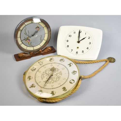 131 - Three Mid Century Clocks to Comprise Junghans Ceramic Faced Wall Clock, Zodiac Decorated Circular Wa... 