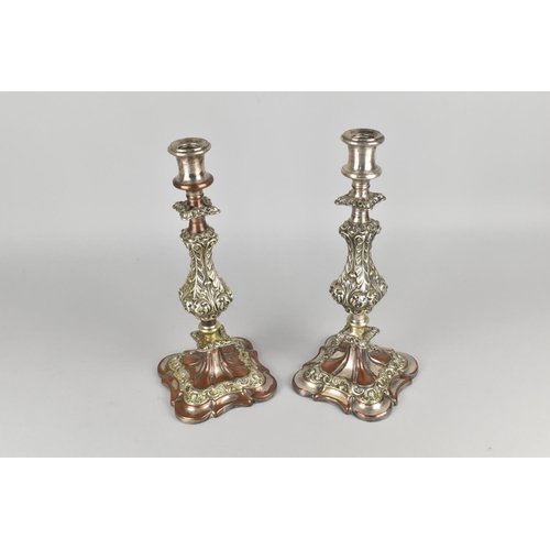 17 - A Pair of Late Victorian/Edwardian Sheffield Plated Rococo Style Candlesticks having Acanthus Suppor... 