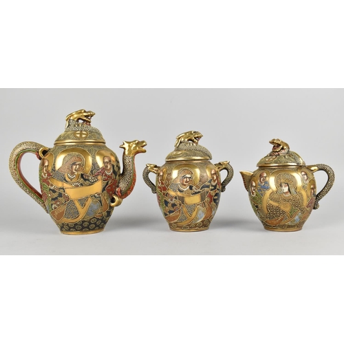 202 - A Japanese Satsuma Three Piece Tea Service Decorated with Figures Enriched with Gilt and Having Styl... 