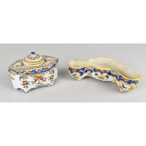 292 - A French Faience Inkwell with Central Well Flanked by Two Pen Holes, 12cm wide Together with a Shape... 