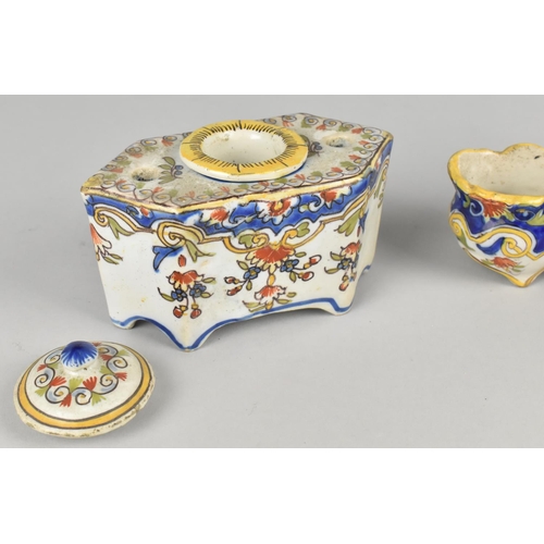 292 - A French Faience Inkwell with Central Well Flanked by Two Pen Holes, 12cm wide Together with a Shape... 