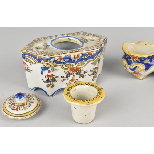 292 - A French Faience Inkwell with Central Well Flanked by Two Pen Holes, 12cm wide Together with a Shape... 