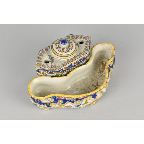 292 - A French Faience Inkwell with Central Well Flanked by Two Pen Holes, 12cm wide Together with a Shape... 