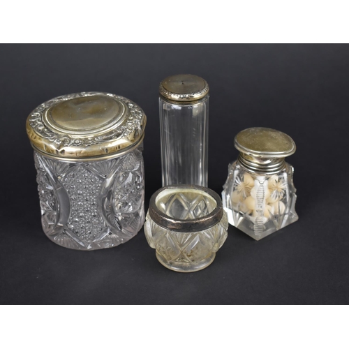 299 - Three Silver Topped Dressing Table Pots, Tallest 10cm high Together with a Silver Mounted Salt, Vari... 