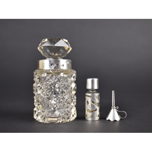 301 - A Small Silver and Glass Scent Bottle Together with Funnel, 4cm and 3cm High Together with a Silver ... 