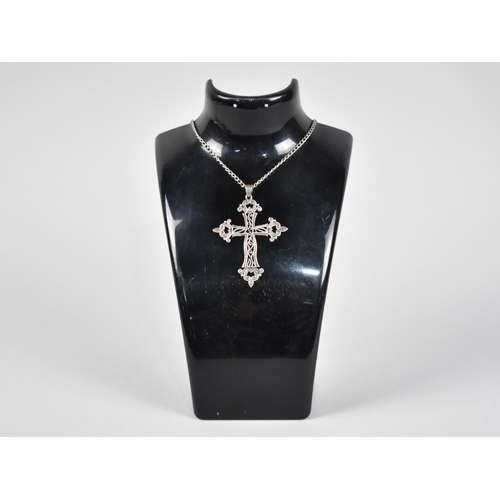 318 - A Large Silver and Marcasite Filigree Style Crucifix on White Metal Chain, Pendant 65mm Long, Chain ... 