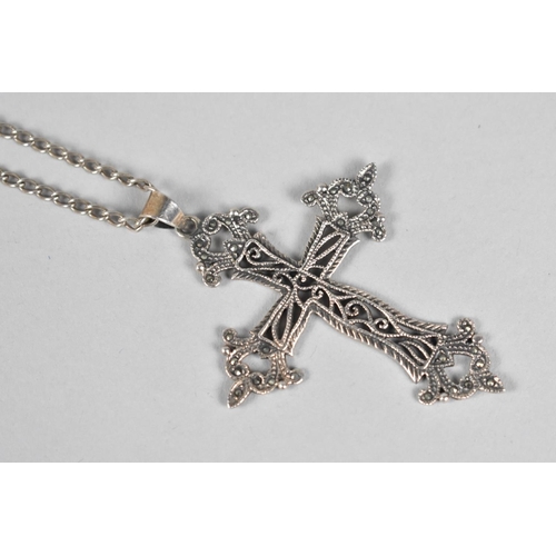 318 - A Large Silver and Marcasite Filigree Style Crucifix on White Metal Chain, Pendant 65mm Long, Chain ... 