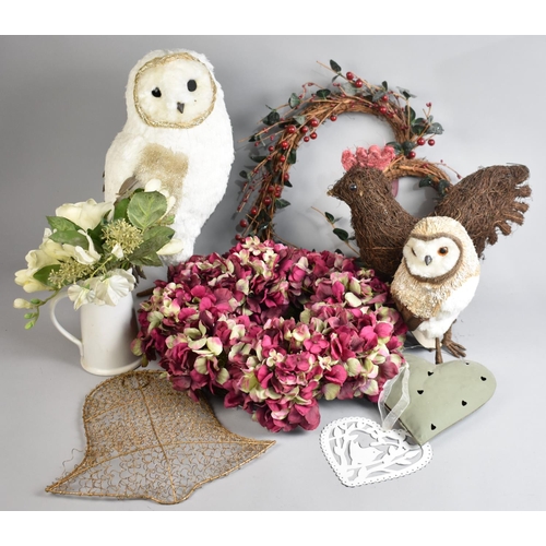 350 - A Collection of Various Artificial Flowers and Owl Ornaments