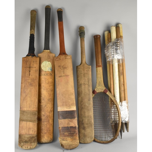 363 - A Collection of Various Vintage Cricket Bats. Wickets and a Tennis Racket