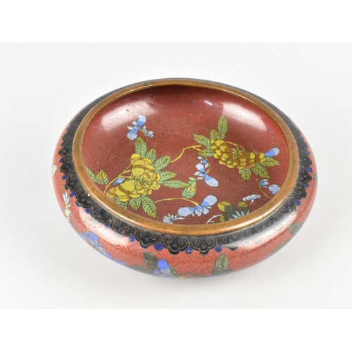 38 - A 20th Century Chinese Cloisonne Bowl Decorated with Flowers in Polychrome Enamels on Red Ground, 20... 