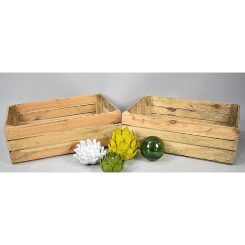 389 - Two Wooden Crates together with Three Ceramic Candle Holders and a Glass Buoy