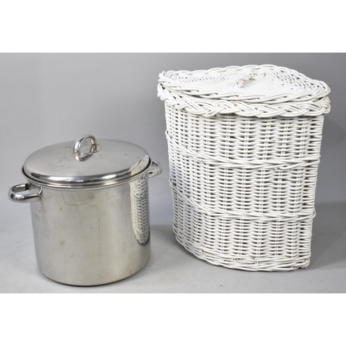 393 - An Aluminium Cooking Pan, Stainless Steel Cooking Pan and a Wicker Clothes Basket