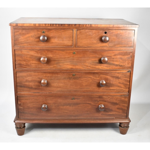 410 - A Victorian Mahogany Chest of Drawers, Two Short and Three Long, on Turned Feet, 106x53x105cms High