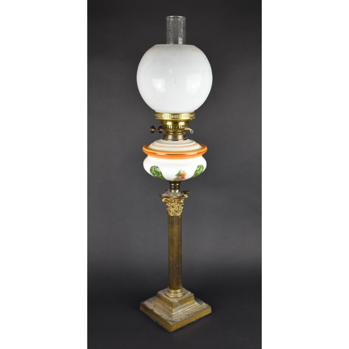 56 - A Late Victorian Brass Corinthian Column Oil Lamp with Opaque Glass Reservoir, Complete with Shade a... 