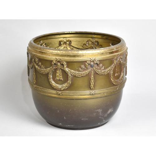 73 - A Mid 20th Century Brass Jardiniere with Ribbon and Swag Relief Decoration, 21.5cms High