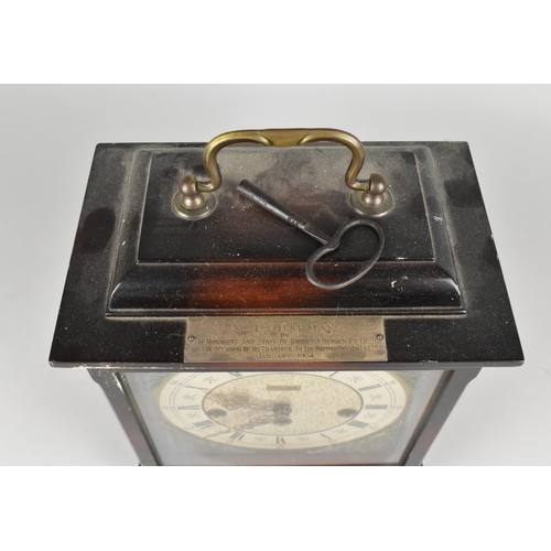 74 - A German Kienzle Mantel Clock, Westminster Chime, Complete with Key, Having Presentation Plaque for ... 