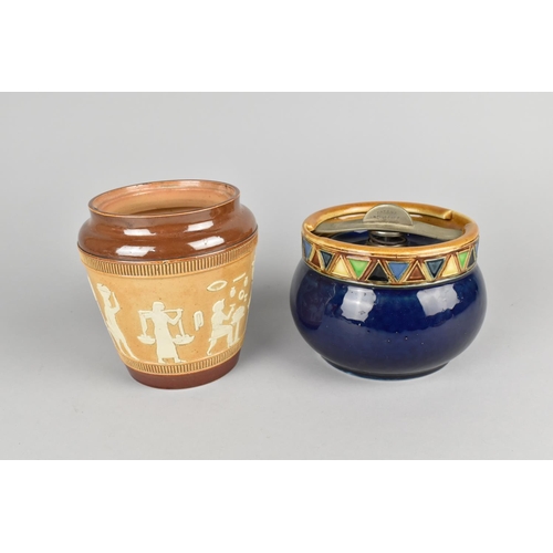 88 - A Royal Doulton Blue Glazed Tobacco Pot with Geometric Trim in Multi Coloured Glazes together with a... 