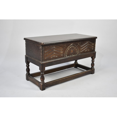 96 - A Mid 20th Century Oak Rectangular Bible Box on Stand with Stretcher Supports, Carved Front to Hinge... 