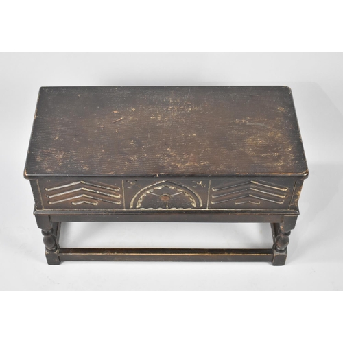 96 - A Mid 20th Century Oak Rectangular Bible Box on Stand with Stretcher Supports, Carved Front to Hinge... 