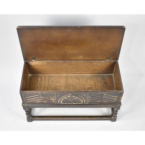 96 - A Mid 20th Century Oak Rectangular Bible Box on Stand with Stretcher Supports, Carved Front to Hinge... 