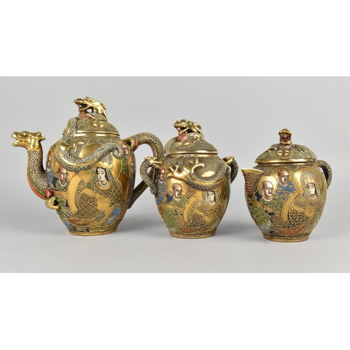 246 - A Japanese Satsuma Three Piece Tea Service Decorated with Figures Enriched with Gilt and Having Styl... 