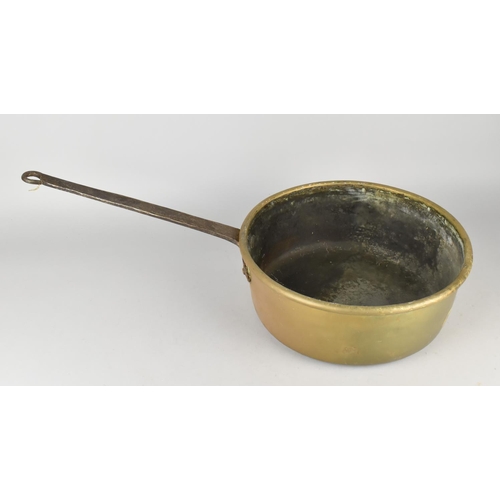 120 - A Late 19th/Early 20th Century Large Brass Saucepan with Iron Handle, 30cms Diameter and 12cms High