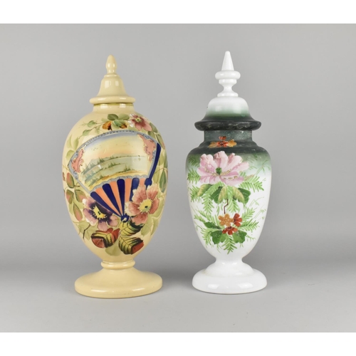 137 - Two Late 19th/Early 20th Century Opaque Glass Lidded Vases Decoration with Flowers, 42cms High