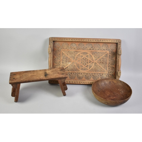 141 - A Carved Wooden Two Handled Tray, a Turned Wooden Bowl and a Wooden Stand/Stool, Tray 44.5cms Wide