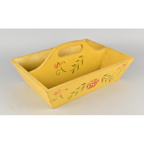 142 - A Wooden Two Division Cutlery Tray, Painted Yellow with Floral Stencil Decoration, 31cms by 24cms