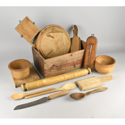 144 - A Vintage Wooden Guernsey Tomato Box Containing Kitchenalia to include Butter Pots, Wooden Spoons, T... 