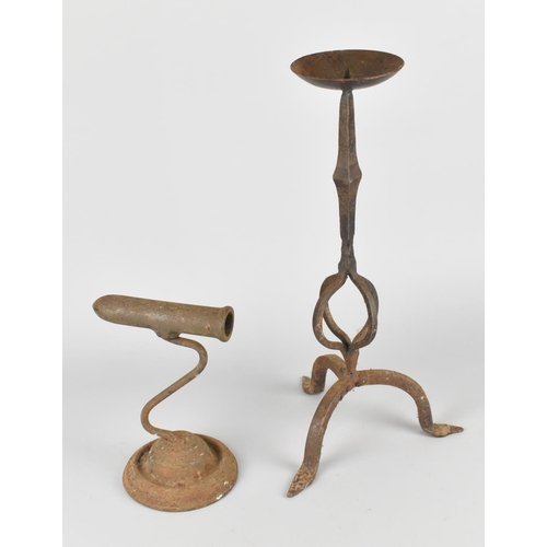 150 - A Vintage Wrought Iron Tripod Candle Pricket Together with a Late 19th Century Gophering Iron