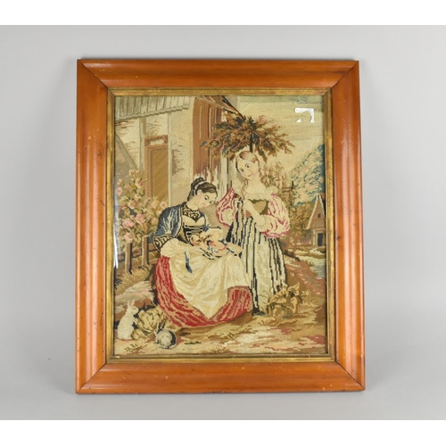 160 - A Framed 19th Century Tapestry Depicting Mother and Daughter, 48x55cms