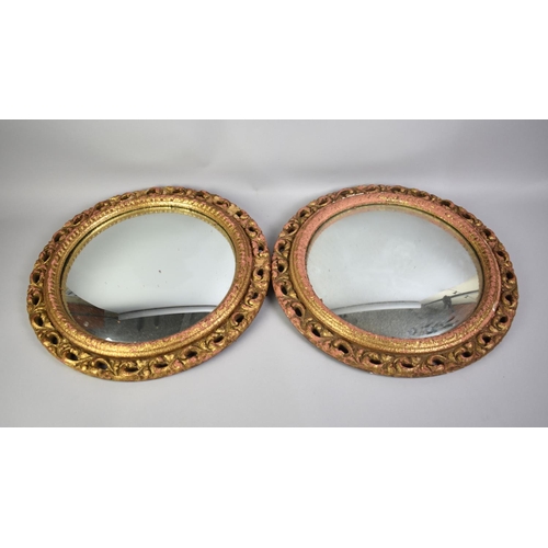 174 - A Pair of Pierced Gilt Framed Circular Convex Wall Mirrors, 40cms Diameter