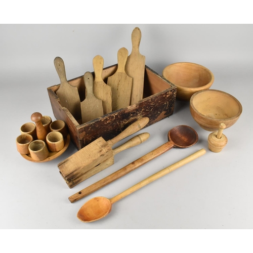 178 - A Vintage Wooden Box Containing Kitchen Tools to Include Butter Pats, Garlic Press, Wooden Spoons, E... 