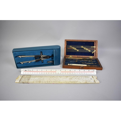 198 - A Mahogany Cased Drawing Set, Two Scale Rules and a Pair of Cased Compasses