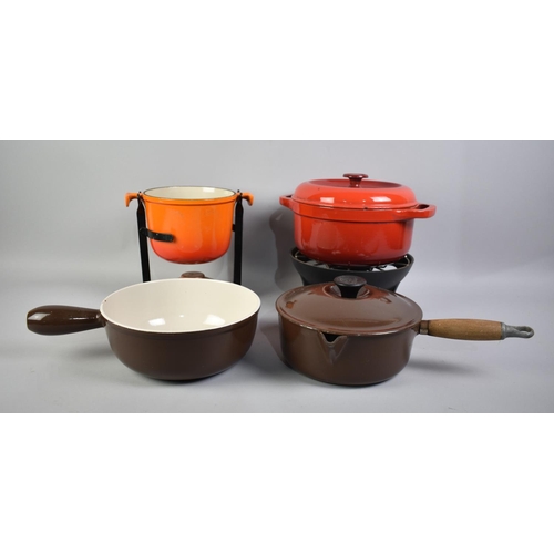 200 - A Collection of Three Le Creuset Enamelled Saucepans and Fondue Together with Lidded Enamelled Fondu... 