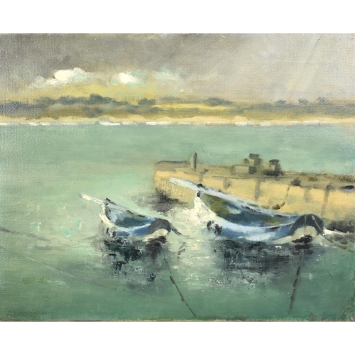 206 - A Mounted but Unframed Oil on Canvas Sketch of Two Dinghies and Quayside, Probably the Work of Eric ... 