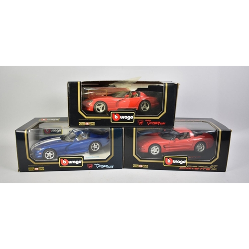 220 - Three Boxed Bburago Diecast Model Cars, to Comprise Dodge Viper RT/10, Chevrolet Corvette (1997) and... 