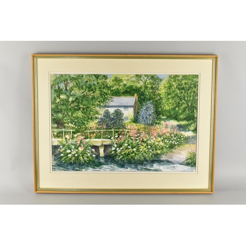 253 - A Framed Watercolour, M. Page, Cottage with Stream to Foreground, Subject 49.5x32cm