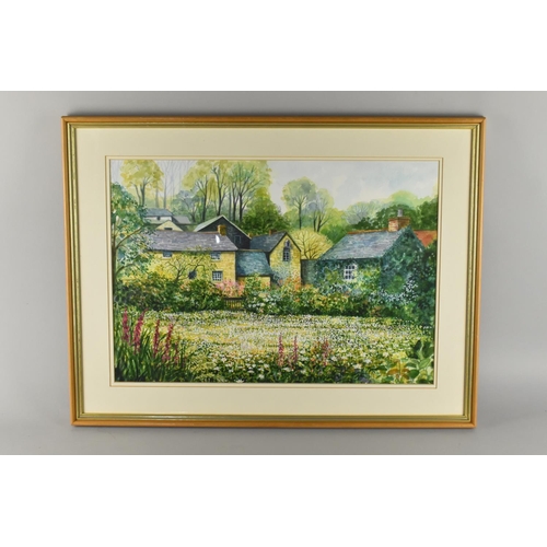 254 - A Framed Watercolour, M. Page, Cottages with Flower Meadow to Foreground, Subject 49x34cm