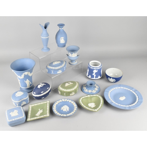 279 - A Collection of Fifteen Pieces of Wedgwood Jasperware to Comprise Dishes, Lidded Boxes, Vases etc To... 