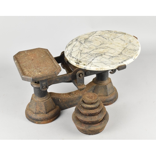 304 - A Late 19th/Early 20th Century Cast Metal Based Pan Scale with Faux Marble Top Together with Weights... 