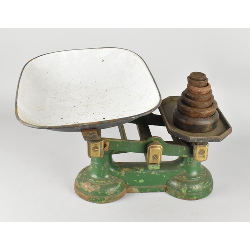 305 - A Vintage Green Painted Cast Metal Based Pan Scale with Enamel Pan and Weights