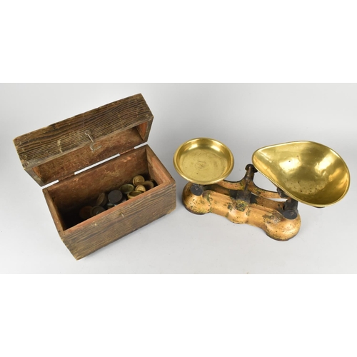 307 - A Vintage Pan Scale with Brass Pans Together with a Vintage Pine Box Containing Various Brass Weight... 