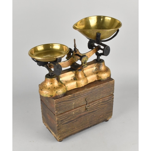 307 - A Vintage Pan Scale with Brass Pans Together with a Vintage Pine Box Containing Various Brass Weight... 