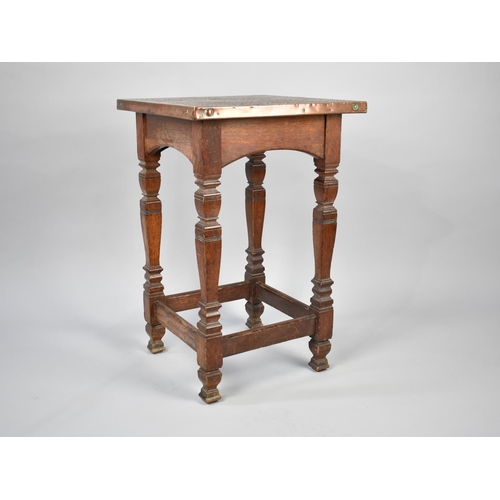 38 - A Late 19th Century Aesthetic Style Square Topped Table with Hand Beaten Copper Covering to Top, 46c... 