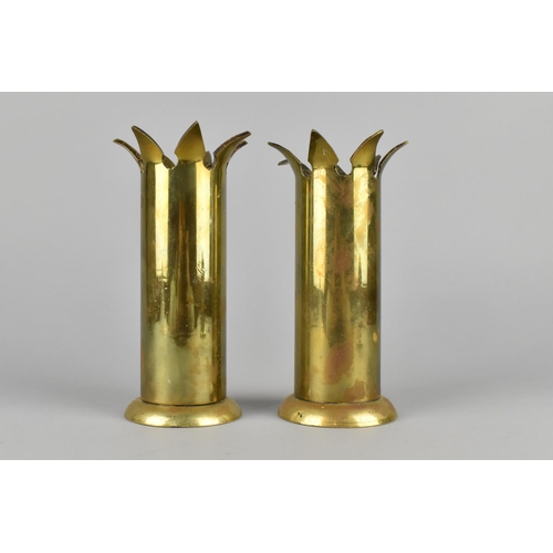 40 - A Pair of Cylindrical Brass Vases with Castellated Flared Tops, 15.5m High