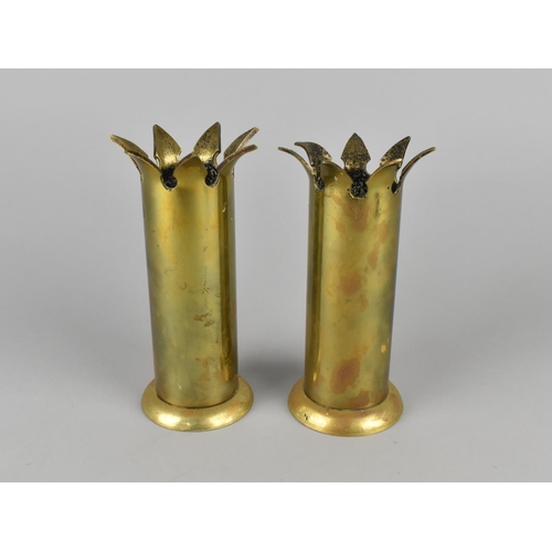 40 - A Pair of Cylindrical Brass Vases with Castellated Flared Tops, 15.5m High