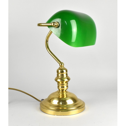 43 - A Reproduction Brass and Opaque Green Glass Desktop Reading Lamp, 38cms High